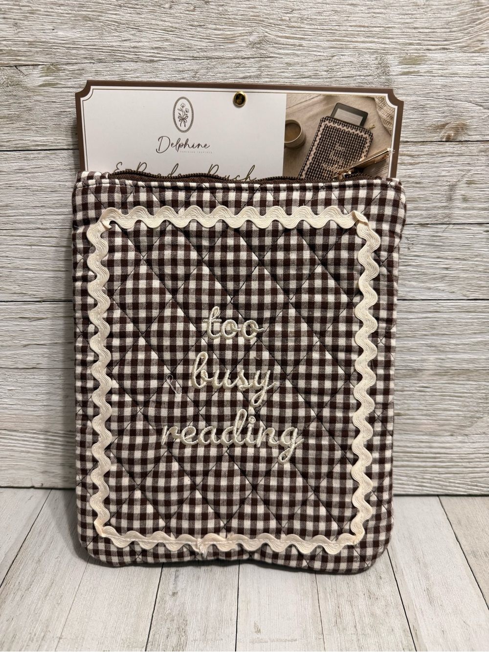 NWT Delphine Brown Gingham Quilted E-Reader Pouch "Too Busy Reading" Book Sleeve
